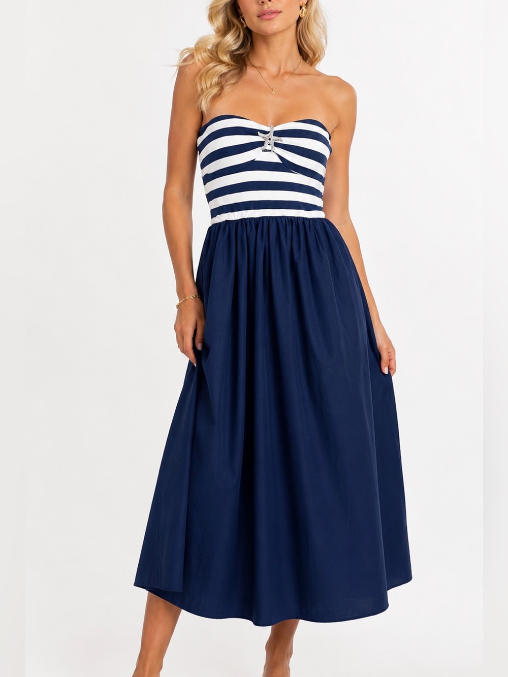 NWT Sincerely Jules Navy/White Nautical Striped Coastal Strapless Maxi Dress L